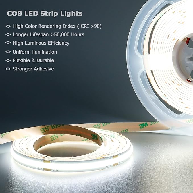 24V COB LED Strip Light Cool White 6000K 2400LEDs 16.4ft(5M) CRI 93+ 4500lm Uniform Glow Dotless Flexible IP20 Not Waterproof LED Tape Lights for DIY Bedroom Kitchen Home Decor(No Power Supply)