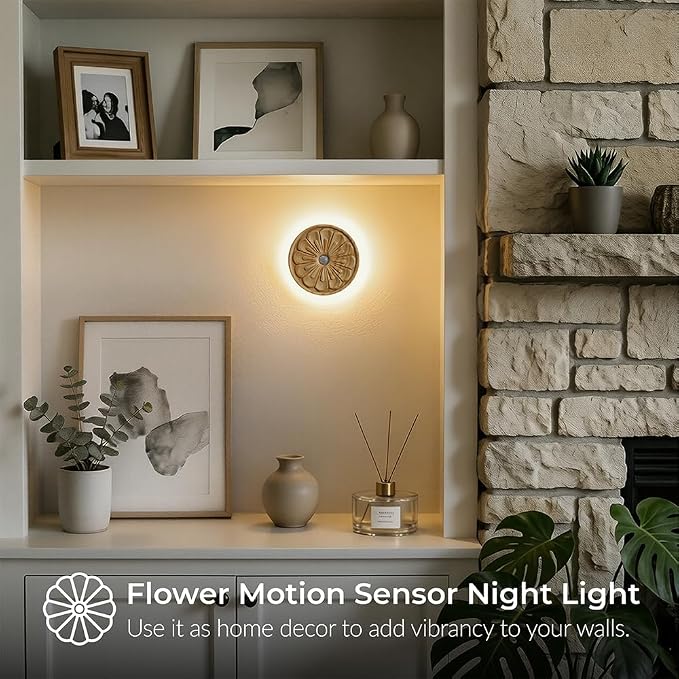 Flower Motion Sensor Night Light, Rechargeable Wooden Lamp | Ash Wood, 3000K Warm White, Backlight Glow, Rechargeable Battery, Magnetic Mount, Sensor Flower Light for Hallway, Bedroom