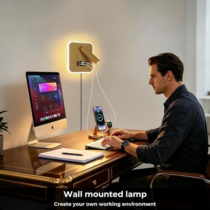 Wall Mounted Reading Lights with Plug in Wall Sconce&Hardwired | Wall Lamp for Bedroom With USB C+A Ports, Bedside Reading Lamp with 9W Night Light, Wood Color Reading Light Adjustable Angle