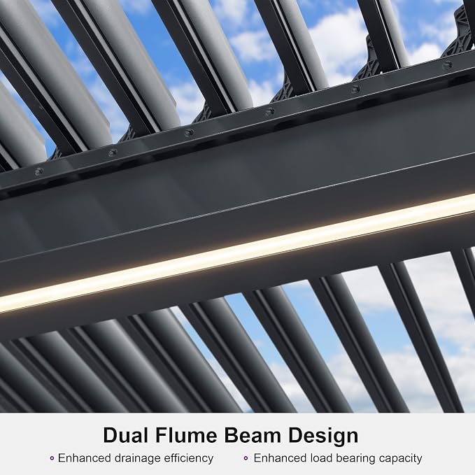 PURPLE LEAF Louvered Pergola 11' x 14' 94AS LED Strip Light 53mph Windproof | Rainproof Dry System With Hidden LED Strip Lights, All-Aluminum Rustproof, DIY-Friendly Install, Integrated Drainage System