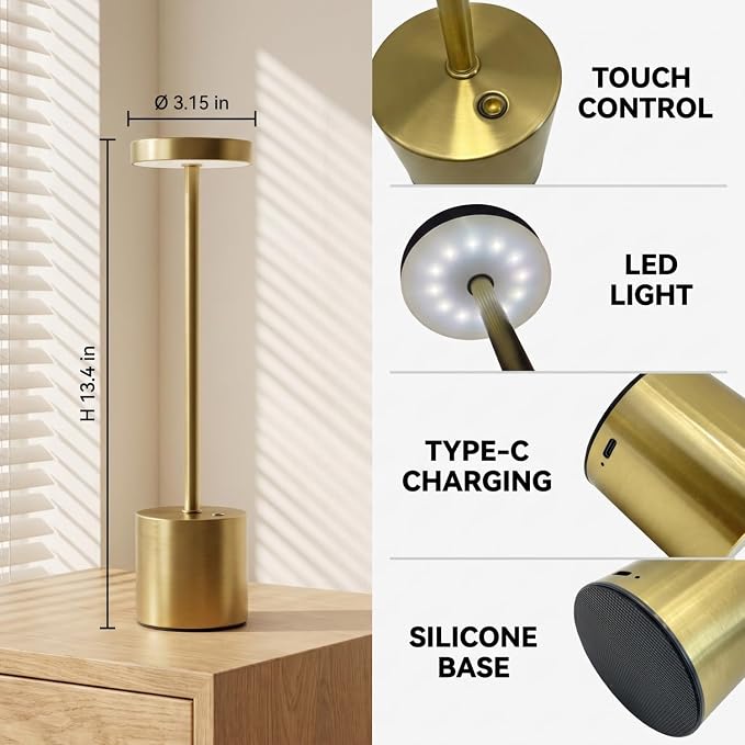 Silver Cordless Table Lamp 2Pack Rechargeable Portable Table Light | 5000mAH Battery 3 Color Stepless Dimming Waterproof LED Wireless Lamp for Dining Kitchen, Outdoor Patio, Touch Control