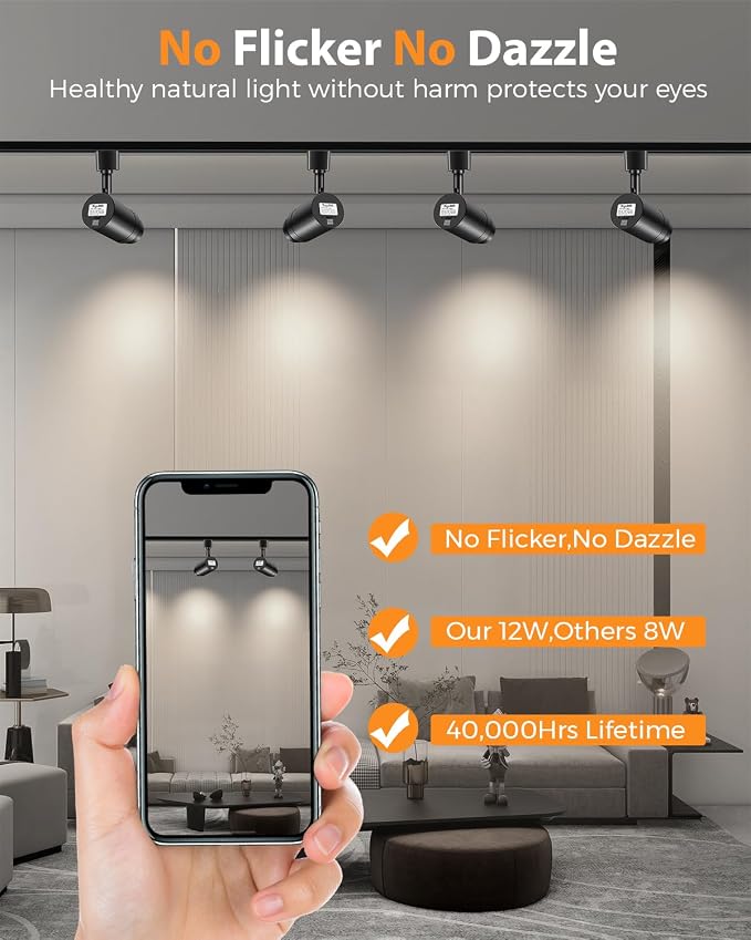 Zoomable 8-Light LED Track Lighting Kit with 6.6FT H Track Lighting Rail & Floating Canopy Connector, Modern Kitchen Track Lighting Fixtures Ceiling Spotlight, 12W Track Heads 4000K Black