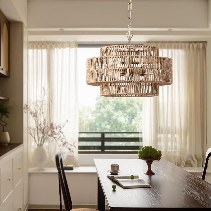 17.7"Large Boho Rattan Farmhouse Chandeliers for Dining Room,4-Light Rattan Hand-Woven Rustic Drum Chandelier Pendant Light Fixture for Kitchen Island Bedroom Living Room Entryway Foyer(Brown)