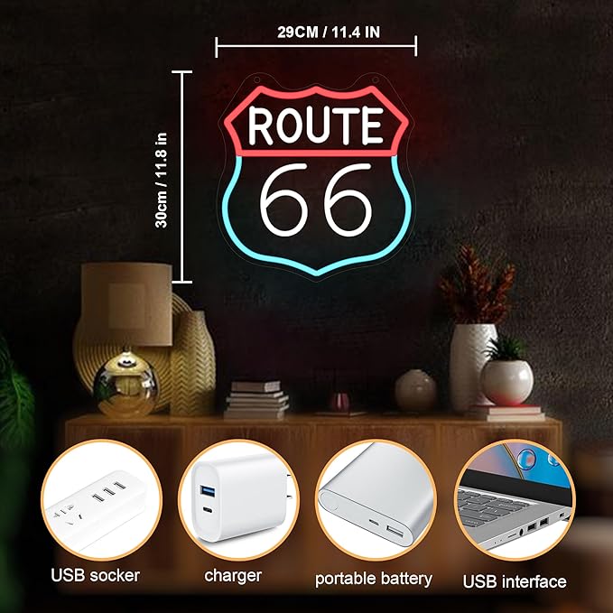Route 66 Neon Sign, LED Light Room Decor USB Powered, for Bedroom Living Room Gaming Room Man Cave Home Party Birthday Gift for Family Friends Kids