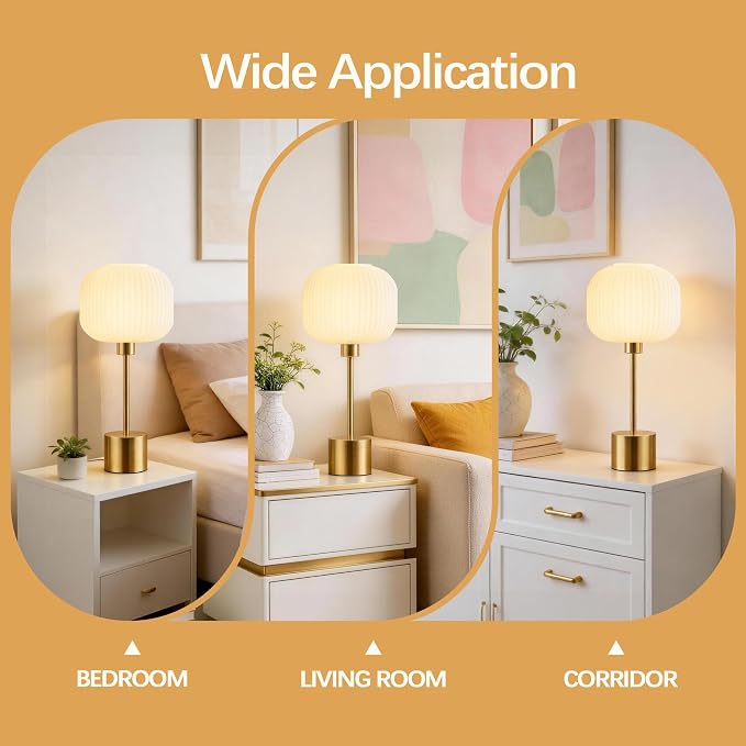 QiMH Glass Table Lamp for Living Room, Modern Bedside Lamp with Gream Ribbed Glass Shade, 3-Way Dimmable Touch Control Nightstand Lamp for Bedroom, Brushed Gold (2700K LED Bulb Included)