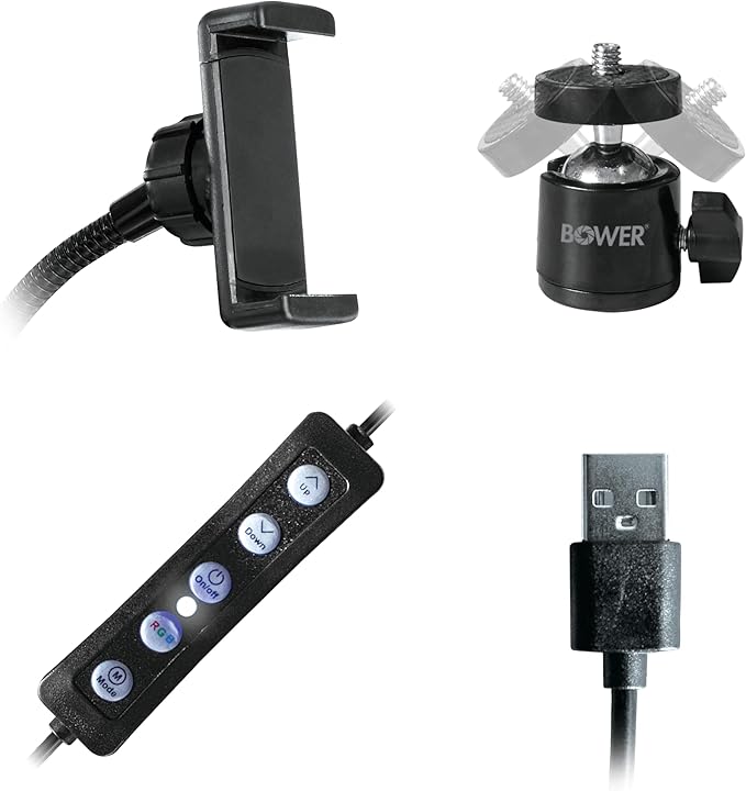 Bower 10 inch RGB Selfie Desktop Ring Light Stand Studio Kit - Ultra Wide Range, 9 Colors, 12 Brightness Levels, Special Effects, Tripod, Phone Clip/Holder