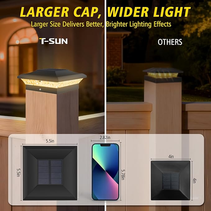 T-SUN Solar Post Cap Lights with Auto-Change Colors- for Vinyl/Wooden Posts IP65 Weatherproof Outdoor Solar Fence Post Lights for Deck, Porch, Garden & Stairs(12-Pack,RGB)