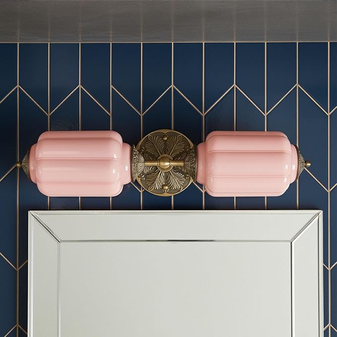 Vintage Vanity Light - 2-Light Wall Sconce with Brass Finish Base & Green Glass Shade - Wall Sconce Lighting for Mirror, Kitchen, Living Room, Gallery (Bulbs Included) (Pink)