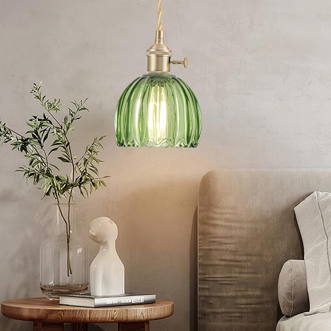 2 Pack Plug in Pendant Light Fixtures, Hanging Light Fixture Vintage Glass Pendant Light, Mini Green Tulip Hanging Lamp, Pendant Lighting for Kitchen Island, Bedroom, Dining Room, Living Room