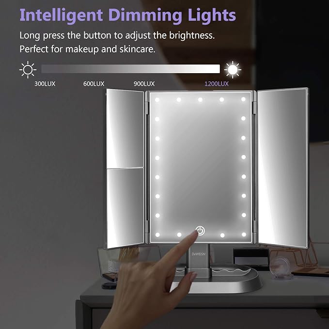 Trifold Lighted Vanity Makeup Mirror with 21 LED Lights,1/2/3 Magnification and Dimming,Two Power Supplies Makeup Mirror,Gift for Women