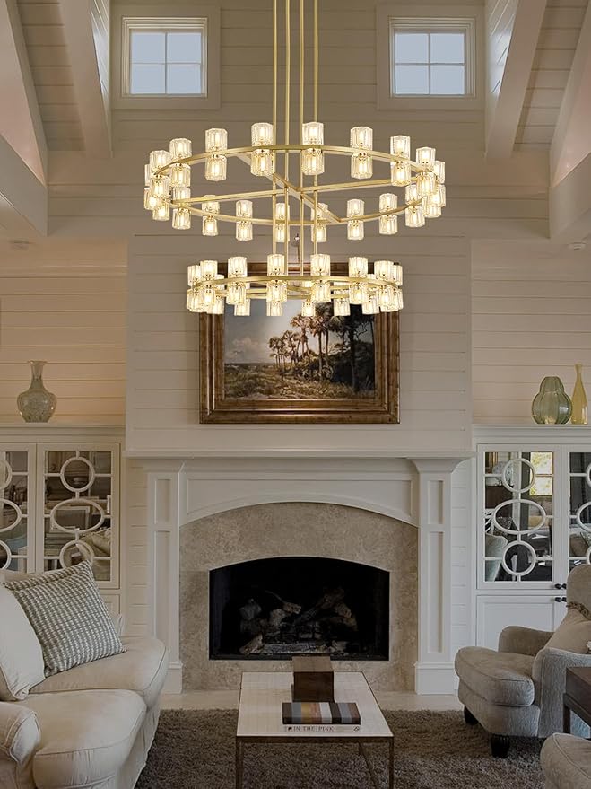 D32''+D40'' Large Gold Wagon Wheel Chandelier 72-Lights Gold Round Chandeliers Glass Chandelier for Dining Room,Living Room Vintage Chandeliers