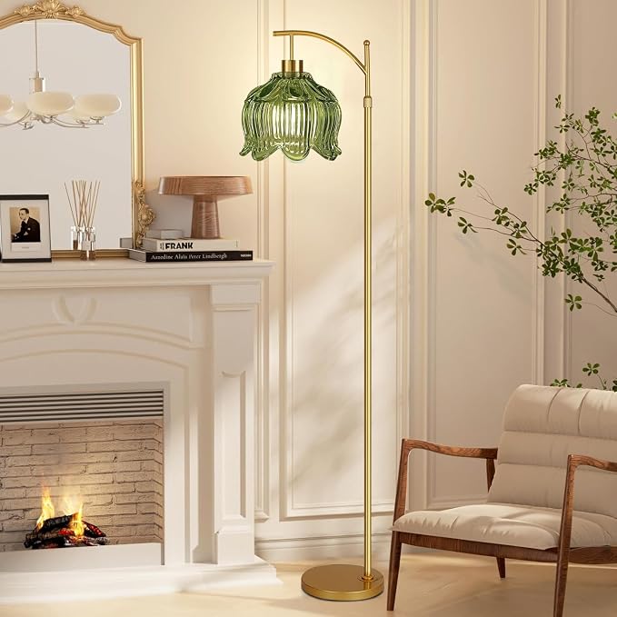 QIYIZM Green Floor Lamp for Living Room,Bedroom,Gold Dimmable Standing Lamp with Remote,Mid Century Modern Brass Tall Lamp Boho Floor Lamps Arc Vintage Glass Flower Floor Light Lamp Girls Bohemian