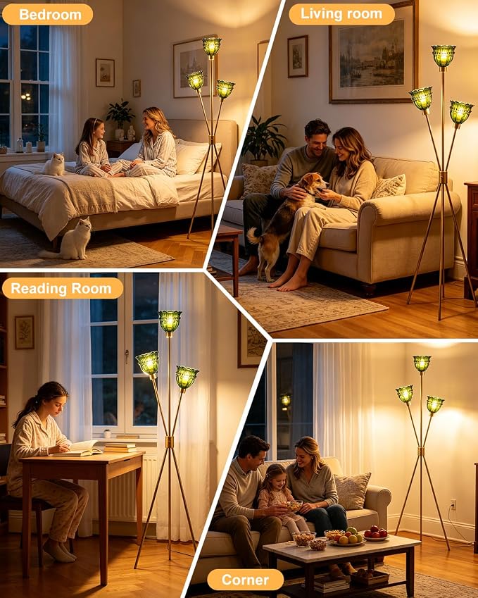 3-Light Tripod Glass Floor Lamp, Gold Standing Lamp with Green Tulip Lace Glass Shade, Rotary Dimmable LED Floor Lamp for Living Room Bedroom Home Office Sofa Beside Corner Decor, Bulb Included