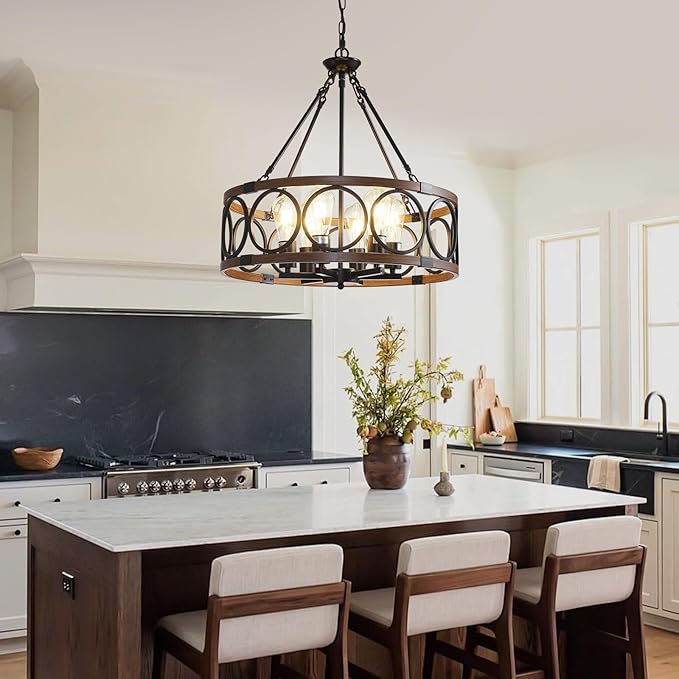 20.5'' Farmhouse Chandelier, 6-Light Walnut Wood Grain Dining Room Light Fixture Over Table, Rustic Industrial Drum Hanging Pendant Lights Fixture for Kitchen Island Bedroom Hallway Foyer Entryway