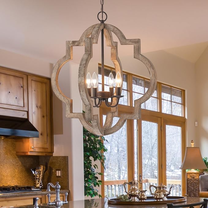 22" Farmhouse Chandelier Orb Distressed Wood Oak Dining Room Light Fixture | Rustic Country Style,Large Lantern, 4-Light Hanging Pendant Light For Foyer Entryway Kitchen Island Bedroom Over Table