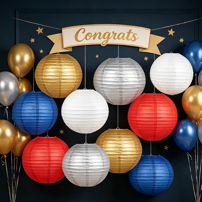 Paper Lanterns Set (10 Pcs)- 8/10 Inch Royal Blue, Red, White, Gold & Silver Round Hanging Paper Lanterns for Wedding, Birthday, Patriotic Holiday, Party Decor, Baby Showers & Home Accents