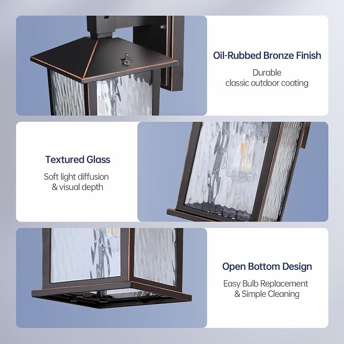 Dusk to Dawn Porch Light, Oil-Rubbed Bronze Outdoor Light Fixture | 2-Pack Outdoor Wall Light with Water Ripple Glass, Hardwired Aluminum Outside Wall Lantern, E26 Socket, Bulb Not Included