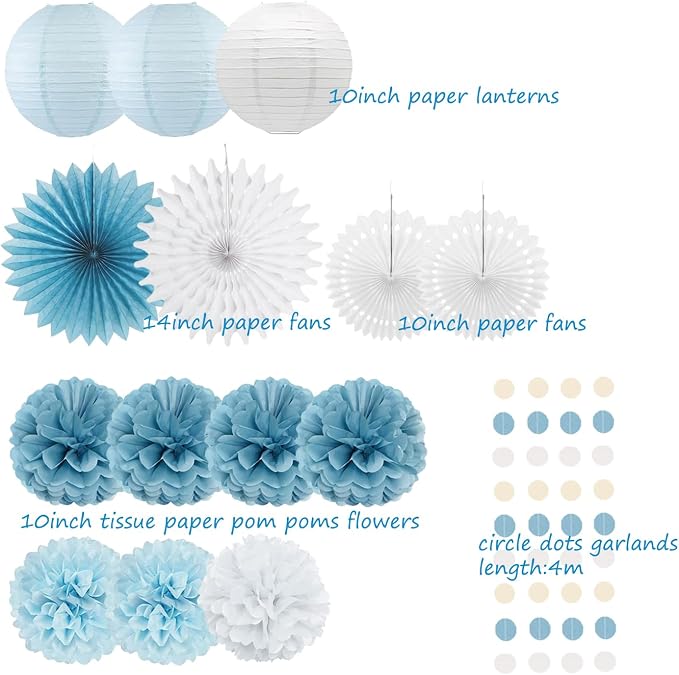 Dusty Blue White Party Decorations Paper Lanterns Tissue Pom Poms Flowers White Paper Fans for Light Blue Birthday Baby Shower Bridal Shower Wedding Party Decoration