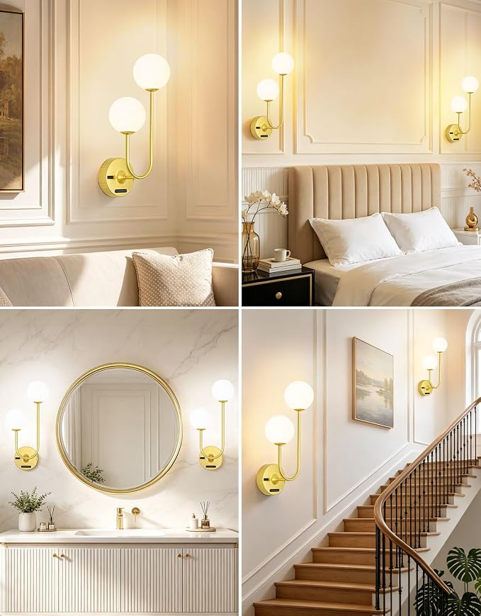 OUTON Gold Battery Operated Wall Sconce, 8000mAh Rechargeable Wireless Wall Light with Detachable Battery, Remote & Touch Control, 3 Color Dimmable Wall Mounted Light for Bedroom Living Room Bathroom