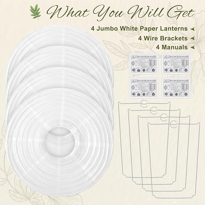 Woanger 4 Pack 24 Inch Large Paper Lantern Shade Jumbo White Japanese Chinese Round Hanging Japanese Paper Lantern Lamp for Home New Year's Eve Valentines Wedding Party Ceiling Decoration