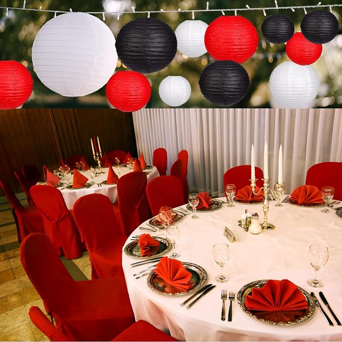 12Pcs Paper Lanterns 6”, 8”, 10”, 12”,Paperlanterns Party Decoration, Black White Red Paper Lanterns for Wedding, Bridal, Birthday, Outdoor, Home, Garden, Holiday and Party.