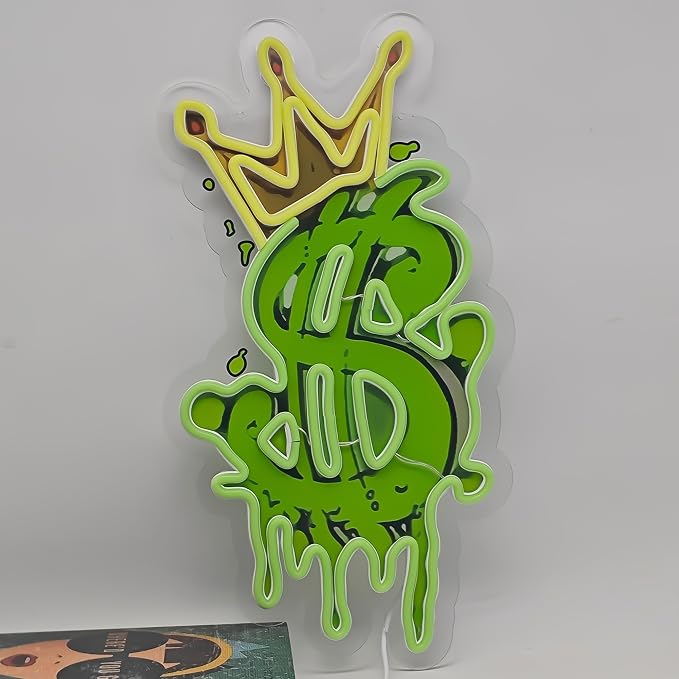 Money Neon Sign, Crown Dollar LED Neon Light USB Powered Decor | Dollar Wall Decor for Bedroom, Game Room, Man Cave, Office, Bar, Party Decoration and Gift