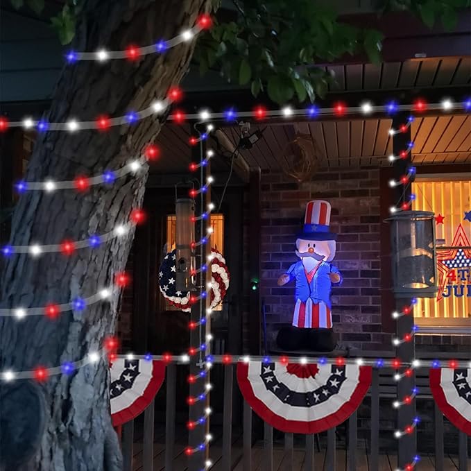 YEGUO Solar Rope Light Outdoor Waterproof, 66ft 200 LED Red White and Blue String Lights, 8 Modes Tube Christmas Lights in Clear Thin Tube