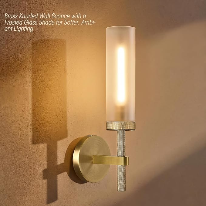 15" Knurled Brass Bathroom Wall Sconces,Frosted Glass Tube Brass Sconces Wall Lighting,Handmade Modern Hardwired Wall Sconce for Vanity,Mirror,Bedroom,Living Room,Hallway