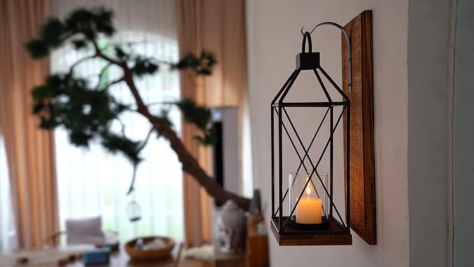 Homemory Wall Candle Sconces Set of 2, Rustic Wood Holders with Glass Decor | Dark Brown Wood and Glass Design Adds Rustic Farmhouse Style for Living Rooms, Bedrooms, Fireplaces and Wall Decor