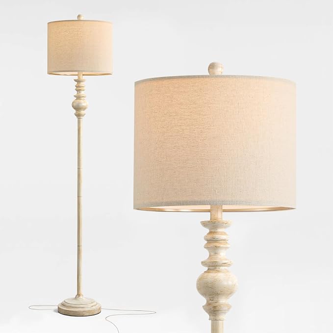 BOBOMOMO 64.25" Farmhouse Floor Lamp for Living Room, Tall Antique White Standing Lamp with Gold Accents, Rotary Switch Reading Lamp for Bedroom & Nursery, Classic Home Decor Corner Lamp