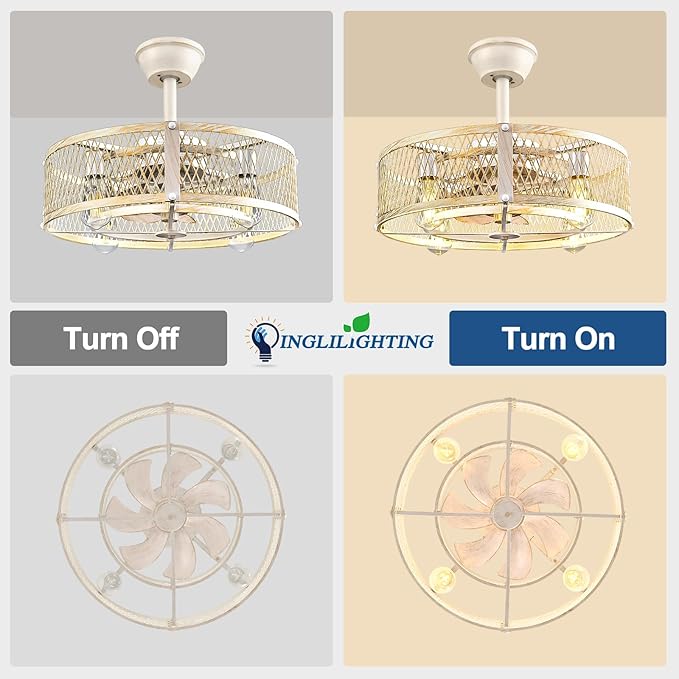 DLLT Caged Ceiling Fans with Lights: 20" Farmhouse Fandelier Ceiling Fan with Light and Remote Smart APP - Cement Industrial Chandelier Fan Light Rustic Fans for Bedroom Living Dining Room Kitchen