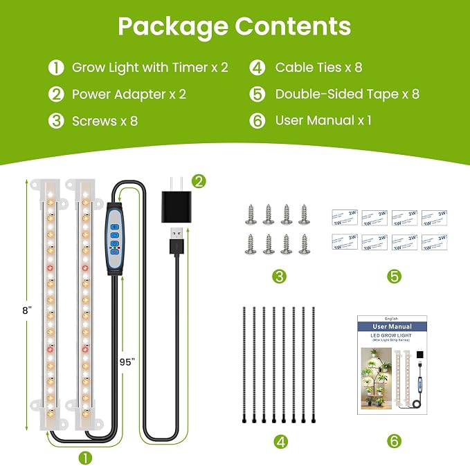 Kullsinss 8in Grow Lights Strips, 56 LEDs Plant Lights for Indoor Growing | Dual-Strip Full Spectrum Plant Lamp with 6/12/16H Auto Timer, 5 Dimmable Levels, Fits Seedlings, Herbs & Plant Shelf, 2 Pack