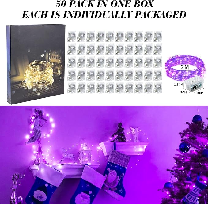ZGWJ 50 Pack Purple Fairy Lights, Mini String Lights | Battery Operated 7 FT 20 LED Waterproof 3 Modes for DIY, Parties, Wedding, Halloween, Christmas Decoration