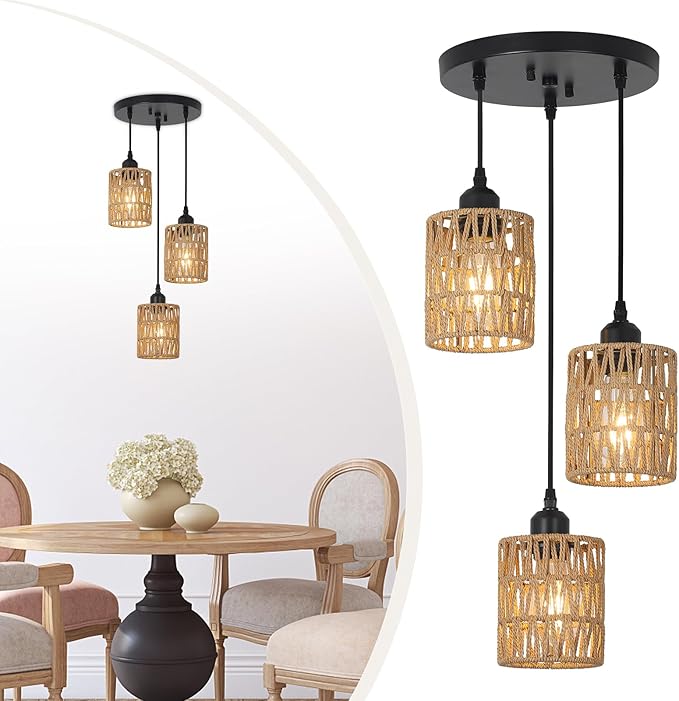 3 Lights Rattan Pendant Light, Farmhouse Dining Room Light Fixtures Ceiling Hanging, Boho Pendant Lighting with Hand Woven Wicker Shades for Kitchen Island Living Room Bedroom Foyer Hallway