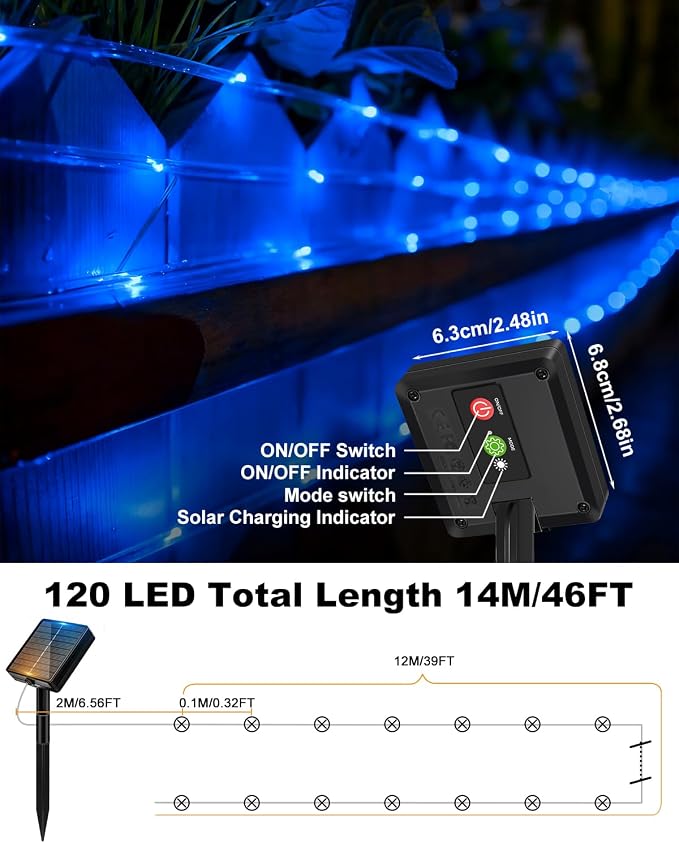 btfarm Solar Rope Lights, 120LED 46FT String Lights Outdoor Waterproof | 8 Modes, Timer & Memory Function, Tube Trampoline lighting for Outside Garden Tree Christmas Yard Patio Decor, Blue