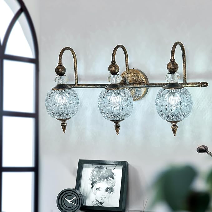 Piepooye Vintage Bathroom Light Fixtures Bronze Vanity Light with Glass Globe LampShade 3 Lights Mid Century G9 Bulb Wall Sconce Indoor Vanity Light Over Mirror for Bedroom Farmhouse Hallway