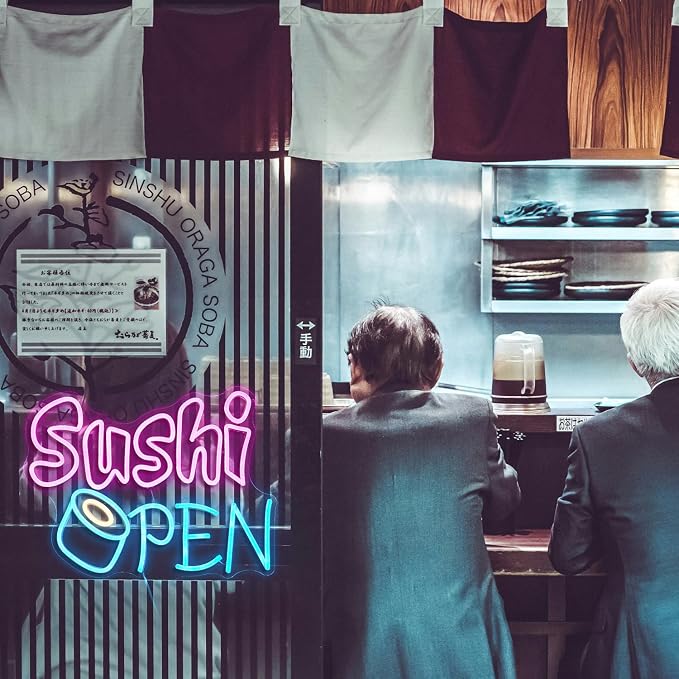 Sushi Open Neon Sign for Wall Decor - Dimmable LED Open Sign for Business - USB Powered Light for Sushi Shop, Restaurant, Kitchen, Home Decor