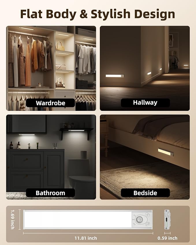 EZVALO Under Cabinet Lighting Wireless, 3Pack 12'' Rechargeable Closet Lights, LED Motion Sensor Indoor, Dimmable & 3 Color Temps Battery Operated with Power Display, for Kitchen, Stairs, Bookshelf