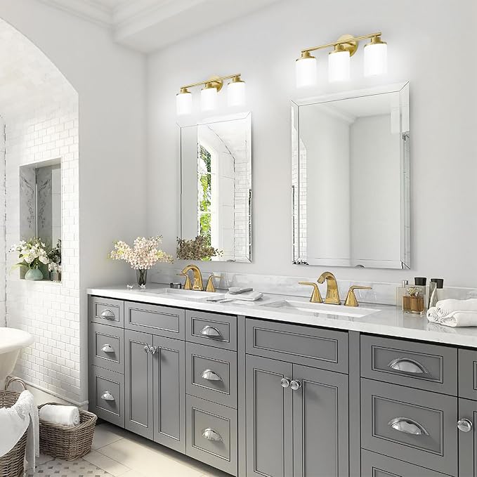 Brushed Gold Bathroom Light Fixtures, 3-Light Gold Vanity Lights with Frosted Glass Shades, Mid-Century Modern Wall Sconces for Living Room