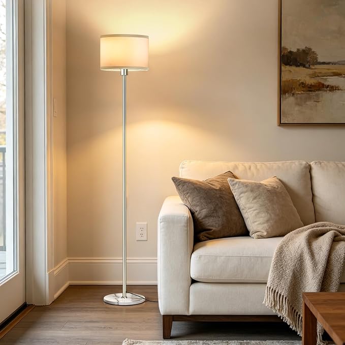 63" Silver Floor Lamps for Living Room, Standing Lamp with Marble Base | Tall Pole Light with White Linen Shade, Modern Floor Lamp for Bedroom Reading Office Corner Nursery, Bulb Included