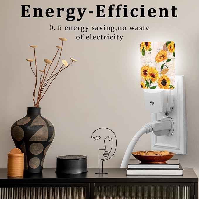Watercolor Sunflower Night Light, Plug-into Wall Floral Nightlight Lamp with Dusk to Dawn Sensor, Led Lamp 0.5W Energy Efficient for Boys Girls Adults Home Decor