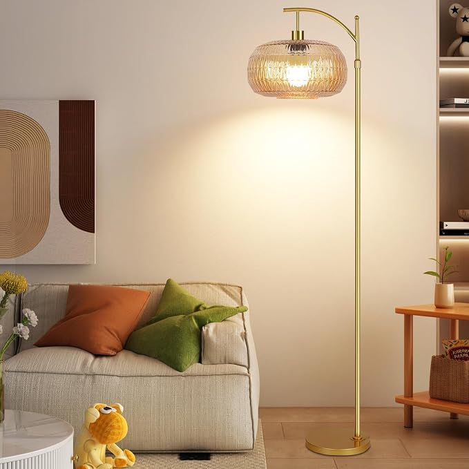 ILLMTW Glass Floor Lamp for Living Room,Bedroom,Gold Mid Century Modern Standing Lamp with Remote,Dimmable Brass Tall Lamp Amber Lamp Vintage Retro Arc Floor Lamps Floor Light Boho Bohemian