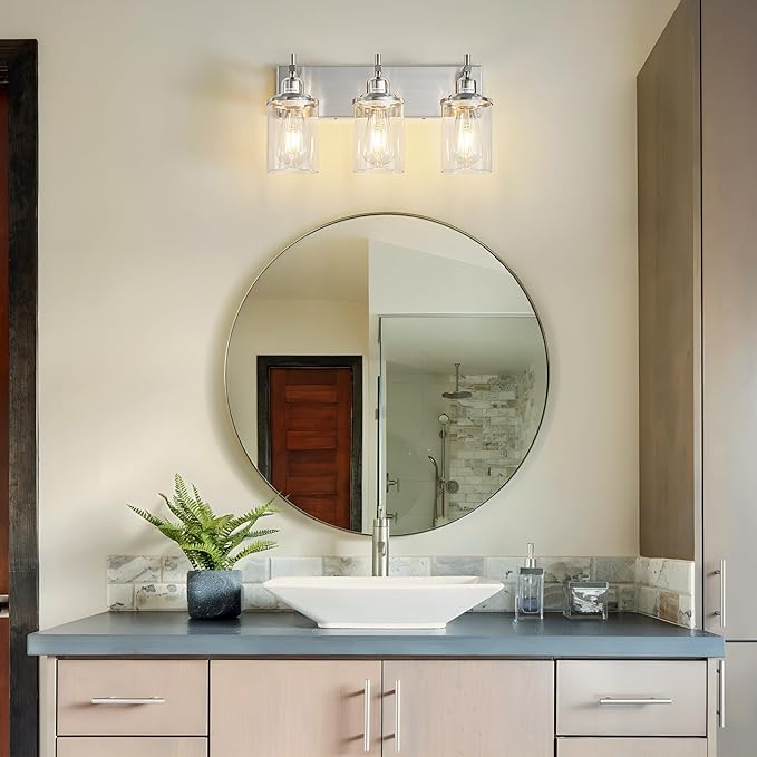 3-Light Brushed Nickel Bathroom Light Fixture Over Mirror Modern Bathroom Vanity Light Vintage Wall Lighting with Clear Glass Shade for Bathroom, Bedroom, Hallway, Cabinet