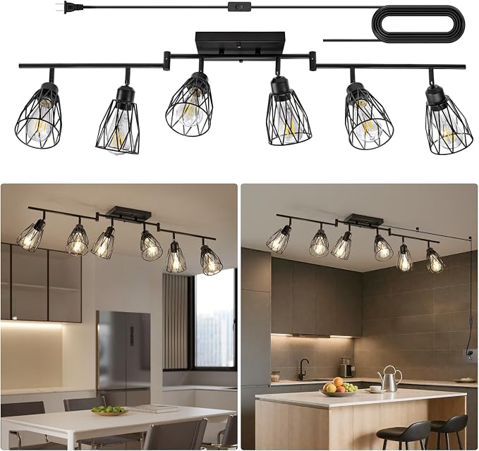 6-Light Plug in Track Lighting with Power Cord, Black (No Bulbs) | Plug in Ceiling Light Flush Mount, LED Track Lighting Fixtures for Kitchen Farmhouse, E26 Track Light Kit with Metal Cage