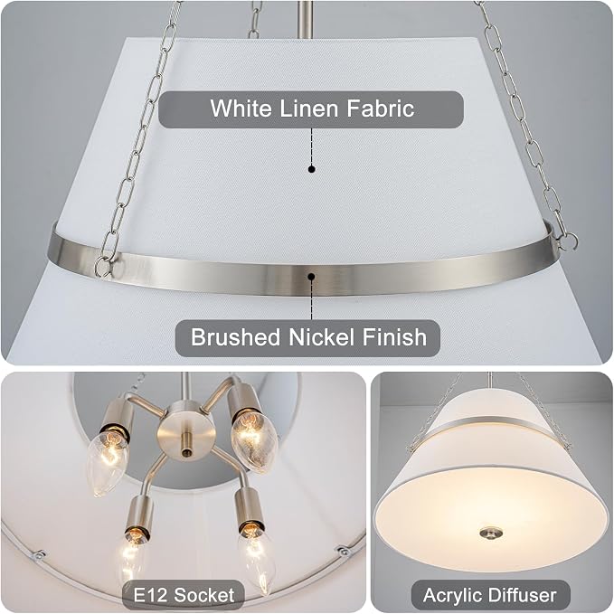 20" Brushed Nickel Drum Chandelier for Dining Room Linen Pendant Light | Modern Transitional, Large Fabric Drum Design, 4-Light, 3 Side Chains, for Kitchen Island,Adjustable Height,19.69"W × 26.38"H