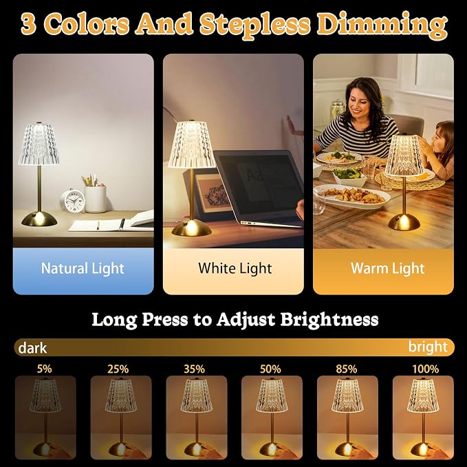 Cordless lamp,Dimmable Crystal Table Lamp 3 Colors LED Gold Lamp | 3 color modes with adjustable brightness for bedrooms, offices and home decor. Great gift for women, moms, teachers & friends