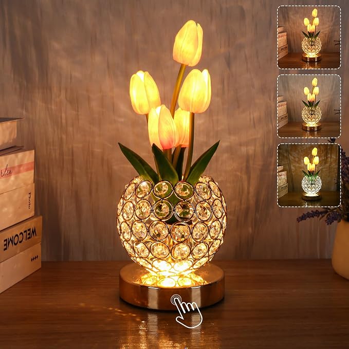 Birthday Gifts for Women Mothers Day Gifts/for Mom Tulip Table Lamp | 3 Color Crystal Flower Bedside Lamps Infinitely Dimming with USB Charge Small Night Light,Night stand Touch Lamp(pink-tulip)