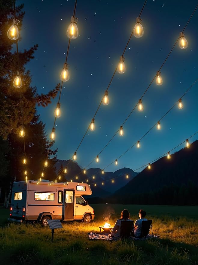 luckystyle 100FT Solar String Lights Outdoor Waterproof with 36+2 LED Bulbs Long Last for 20+Hrs, Commercial Grade Shatterproof Patio Solar Powered Lights for Camping,Backyard, Garden, Porch Decor