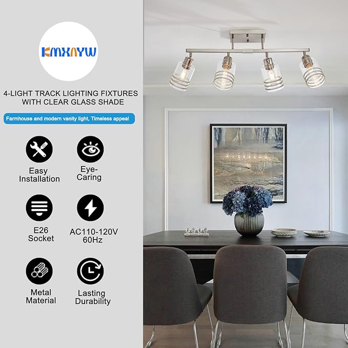 Track Lighting Fixtures Ceiling Kitchen Track Lighting Brushed Nickel 4-Light Bathroom Vanity Light Complete Track Lighting Kits Bathroom Light Fuxtures with Glass Shades E26 Base Adjustable Heads