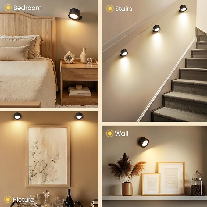 Wall Mounted Lamp, Rechargeable Battery Operated Wall Lights, Black-3 Pack | Rechargeble Renter Friendly, 3 Color Temperatures & 3 Brightness Levels 360°Rotate Magnetic Ball, Sconces for Reading Bedroom